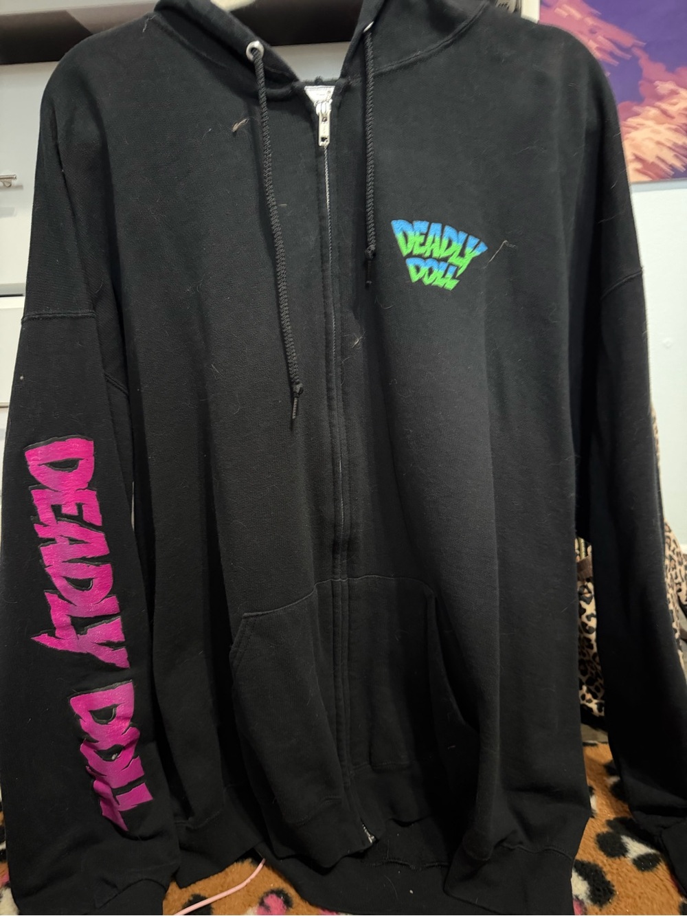 Black Graphic Zip-Up Hoodie Vest